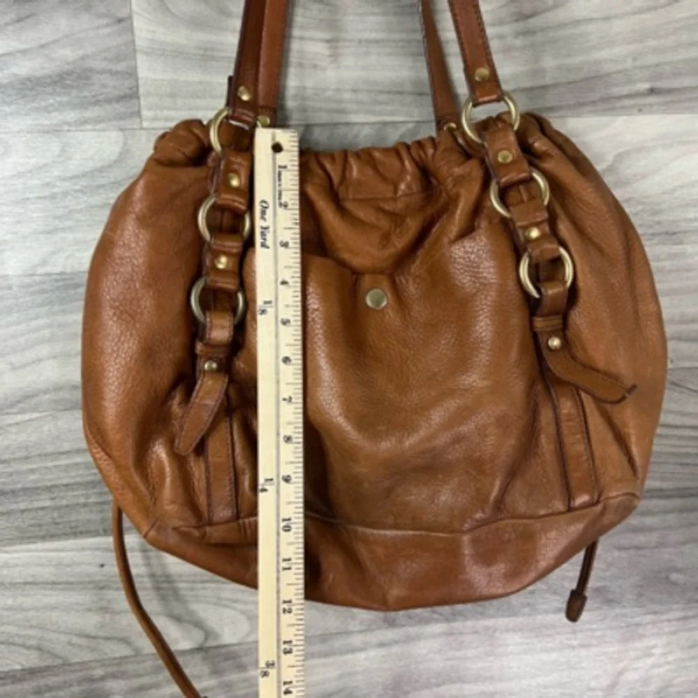 J.Crew Womens Hobo Handbag Brown Leather Drawstring Outer Pocket‎ Hardware S